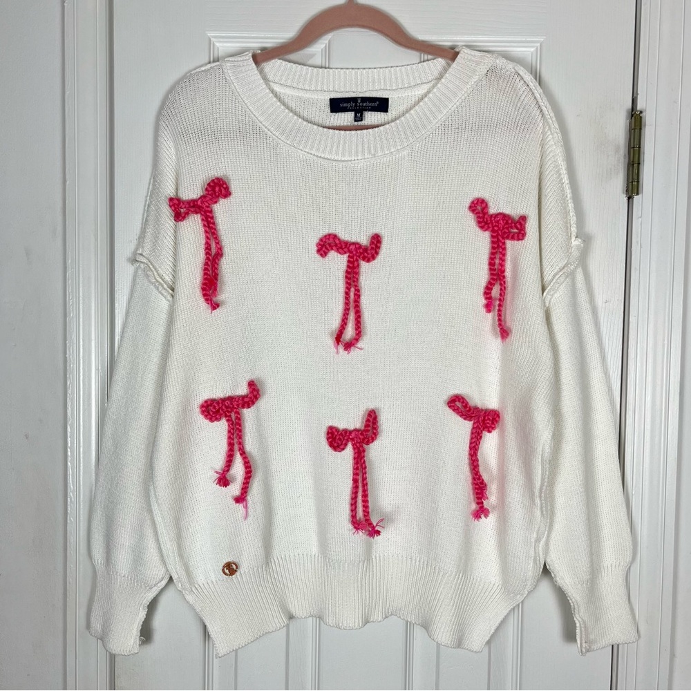 Simply Southern Cotton Cable Knit White Pink Bow Oversized Sweater